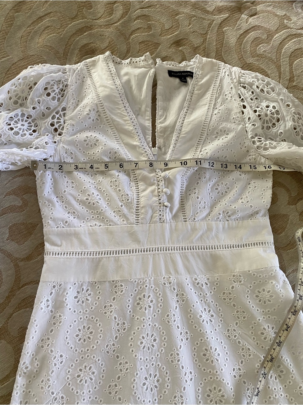Banana Republic White Eyelet Lace Dress Size 4 Puff Sleeve Lined Fit & Flare - Picture 9 of 16